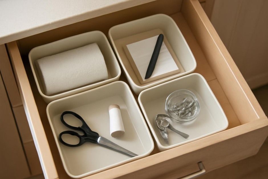 An open kitchen drawer with neatly arranged everyday items in small containers