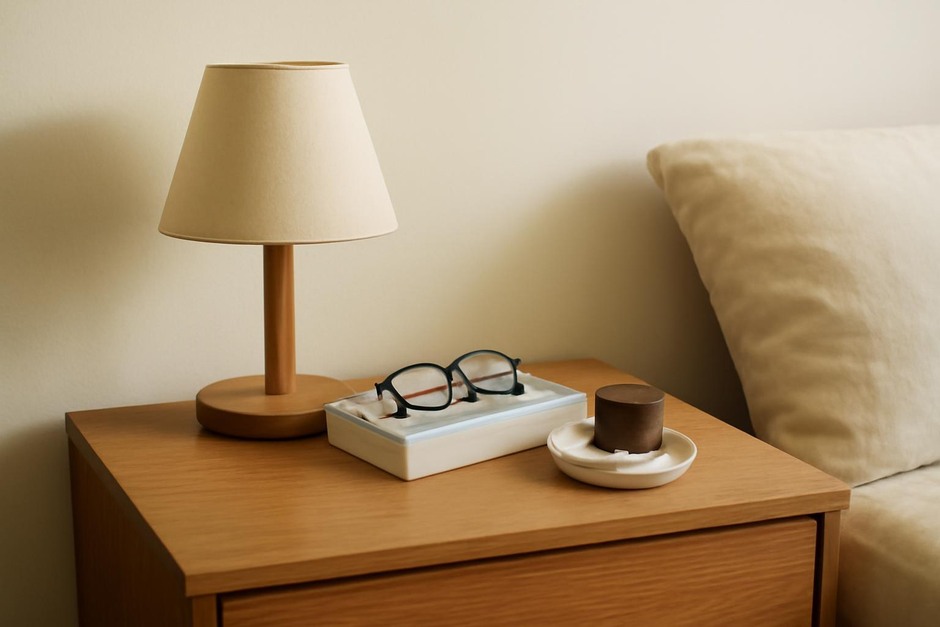 Tidy nightstand with lamp, book, glasses, and small tray
