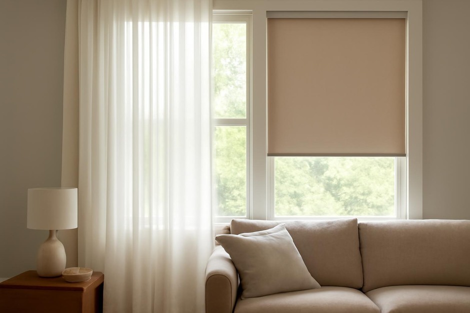 Sheer curtain panel next to a solid roller shade in a living room