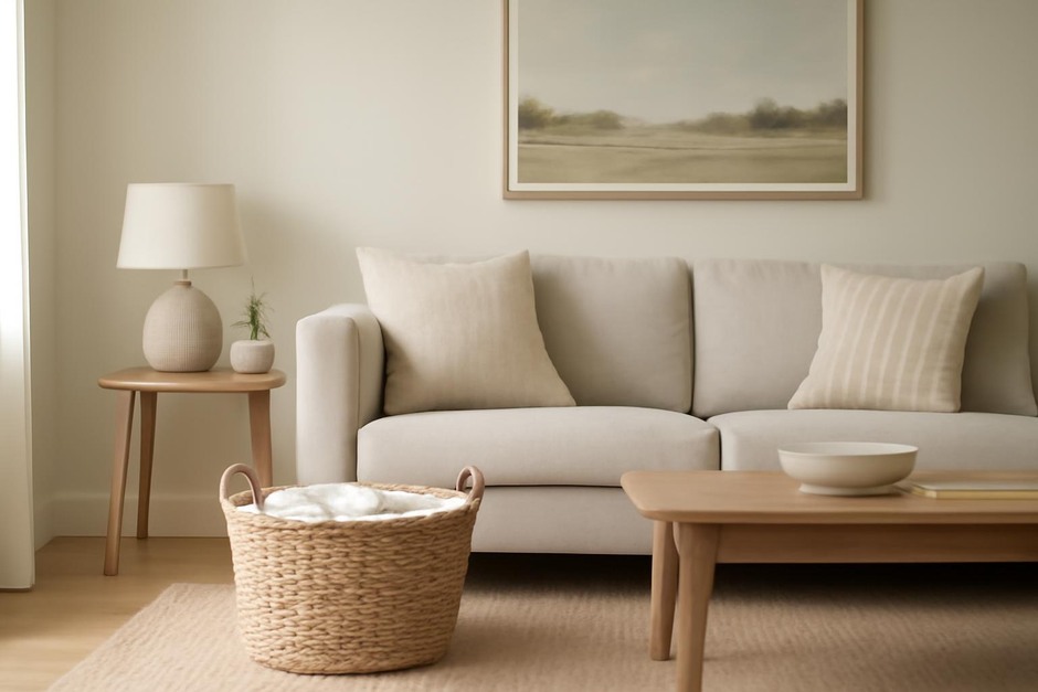 Neatly arranged living room with a basket for quick tidies